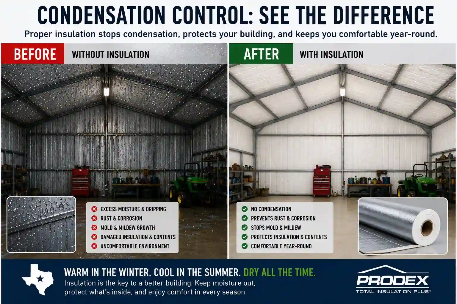 Stopping condensation in a Texas metal building with Prodex Total Insulation