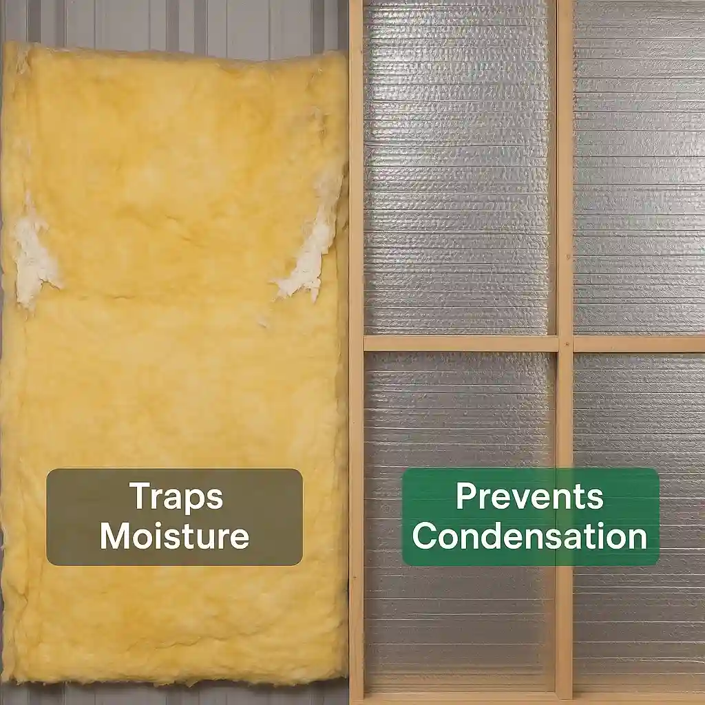 Comparison of Prodex Total reflective insulation and fiberglass in a metal building — showing how Prodex prevents condensation while fiberglass traps moisture