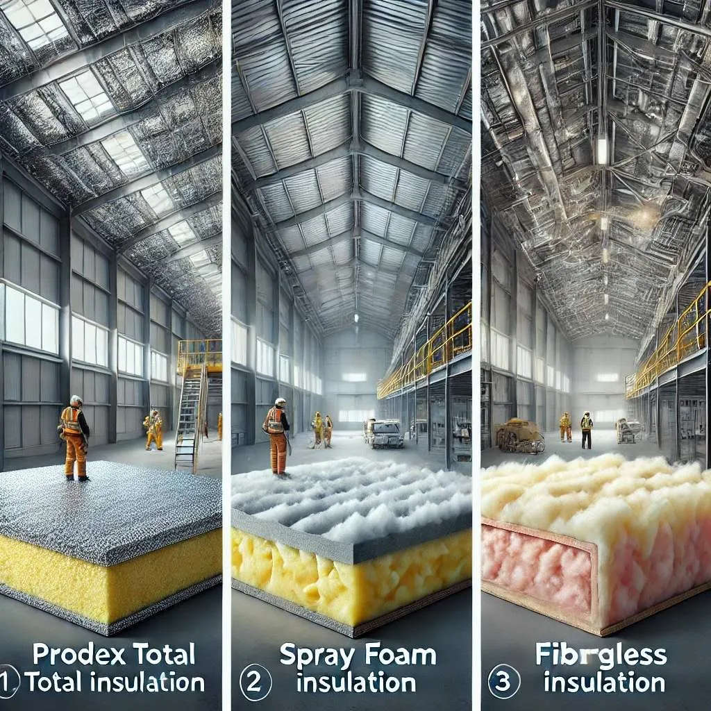 comparison image of Prodex Total, spray foam and fiberglass insulation installed under a metal roof