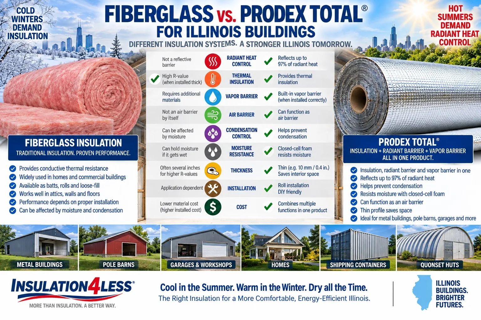 Fiberglass vs Prodex Total insulation comparison for Illinois metal buildings, pole barns, and garages