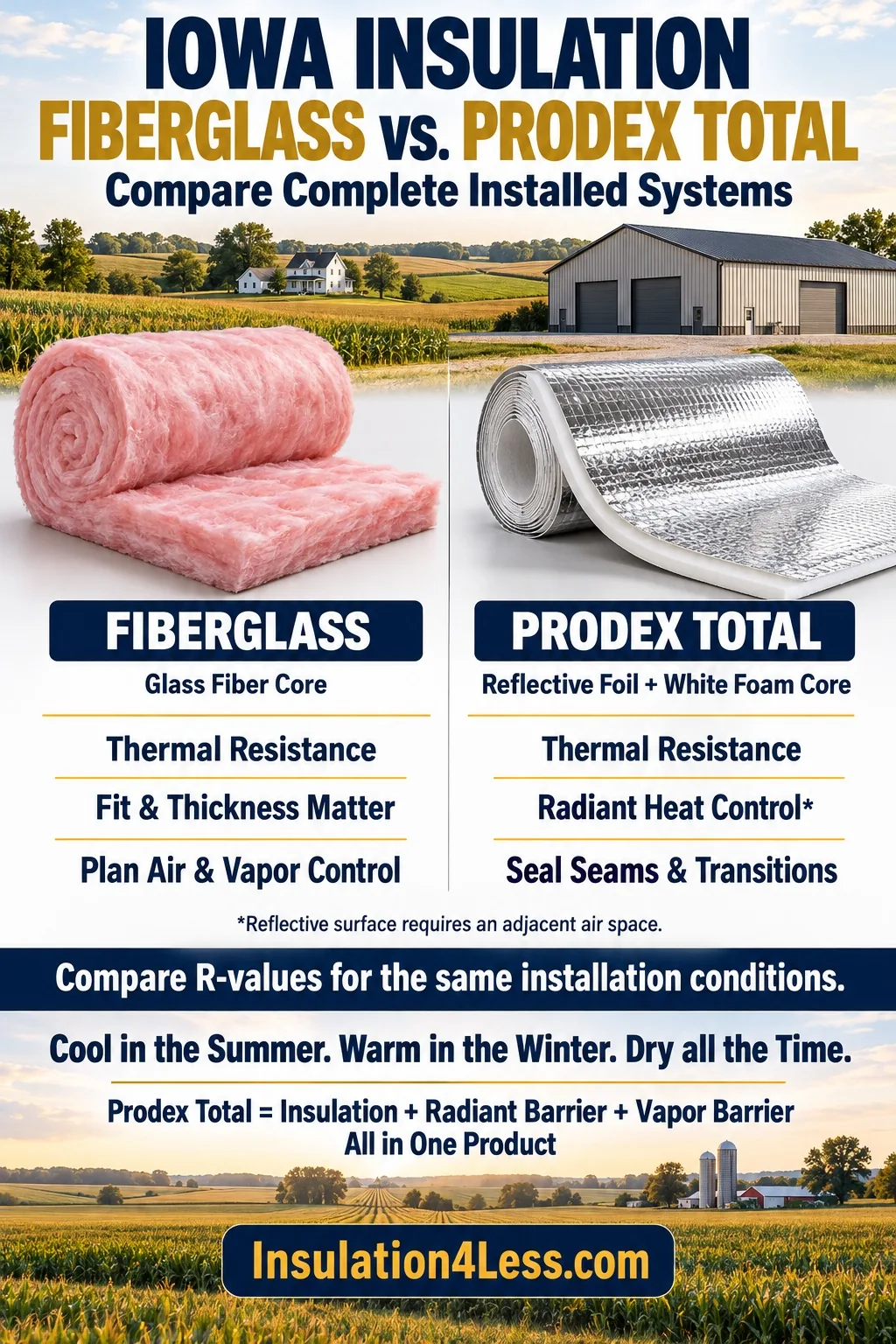 Iowa insulation comparison: fiberglass vs Prodex Total reflective foil for pole barns and metal buildings