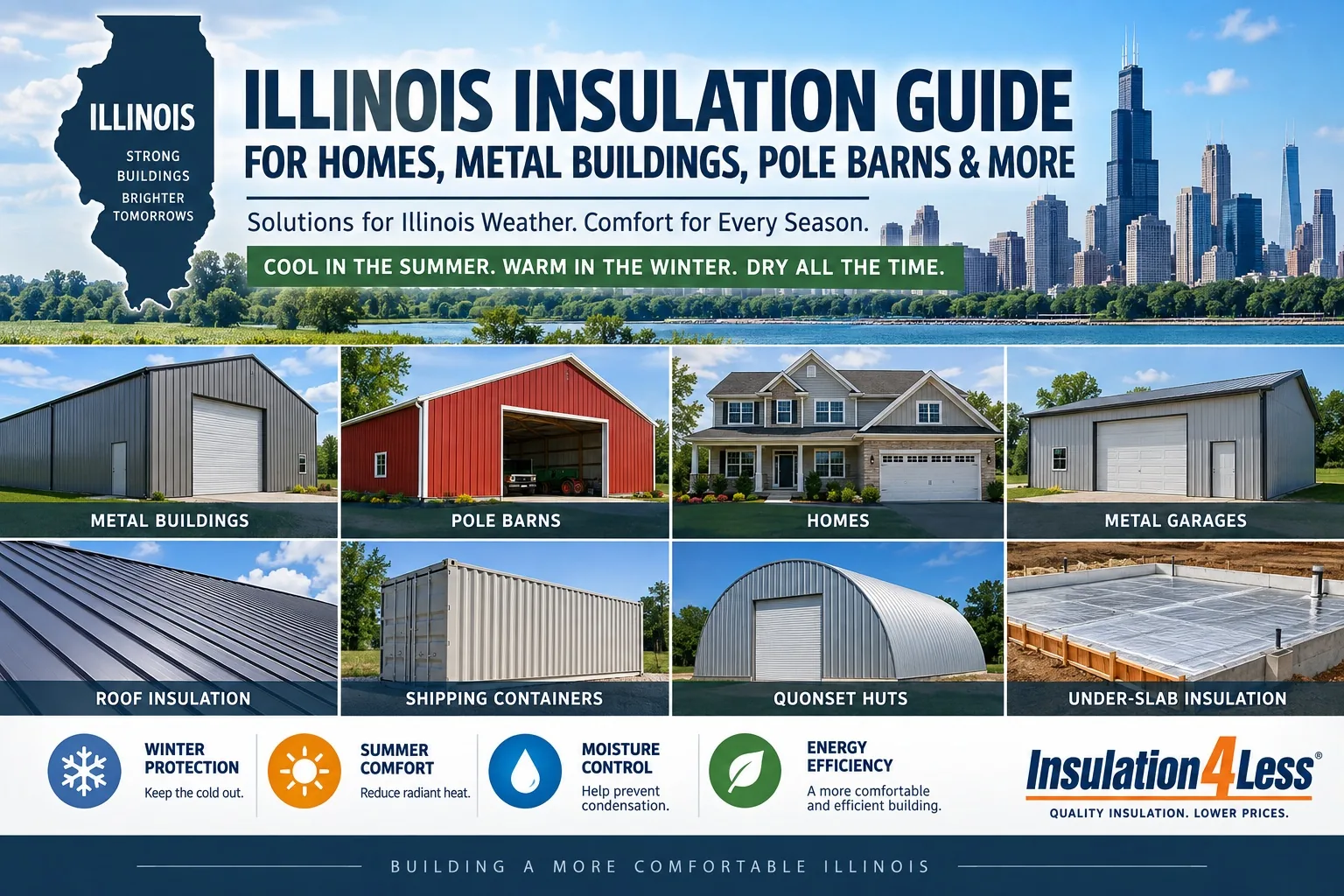 Illinois insulation guide for homes, metal buildings, pole barns, garages, shipping containers and quonset huts by Insulation4Less