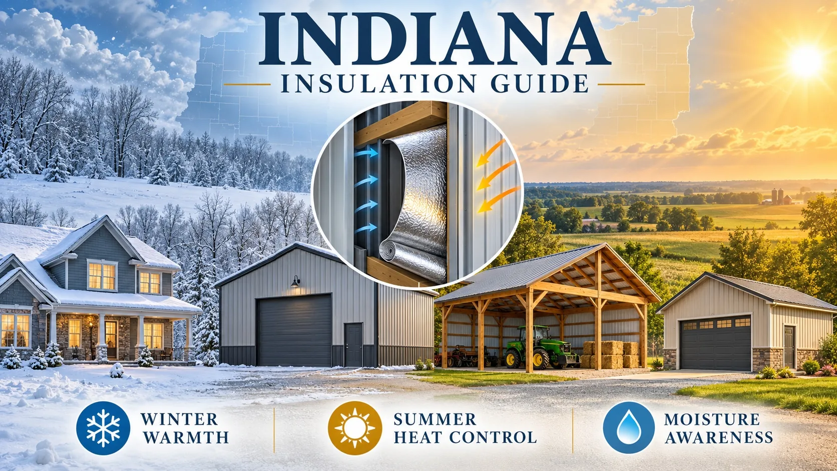 Indiana insulation guide for pole barns and metal buildings showing winter warmth, summer heat control, and moisture awareness with reflective insulation