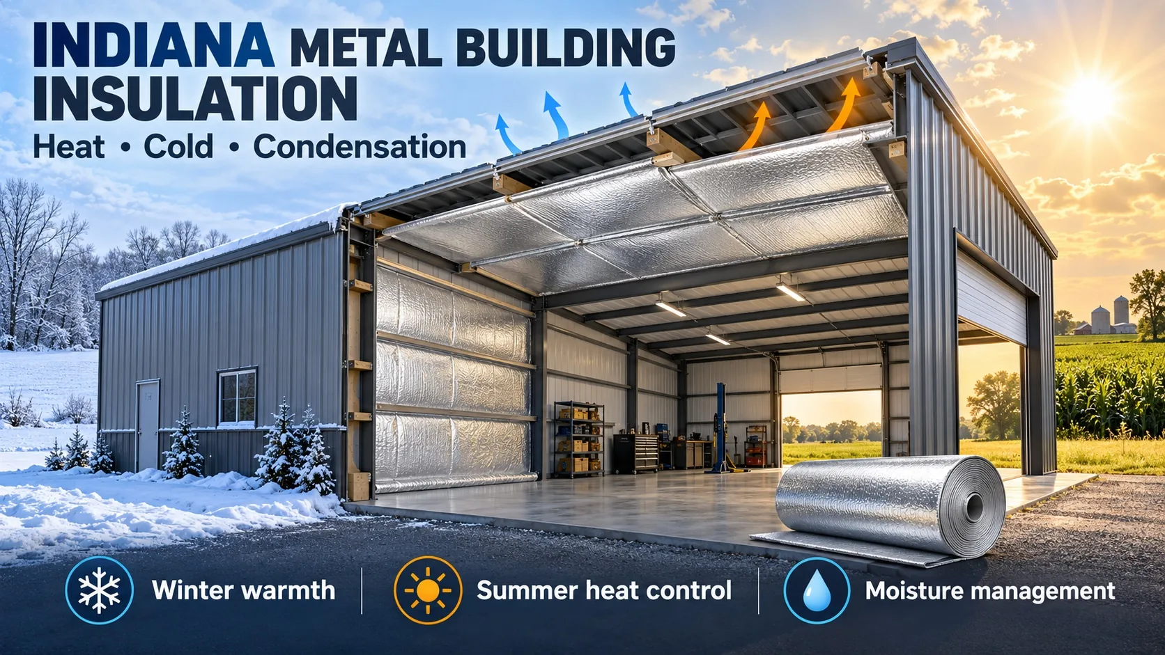 Indiana metal building insulation with Prodex Total reflective foil controlling heat, cold, and condensation year-round