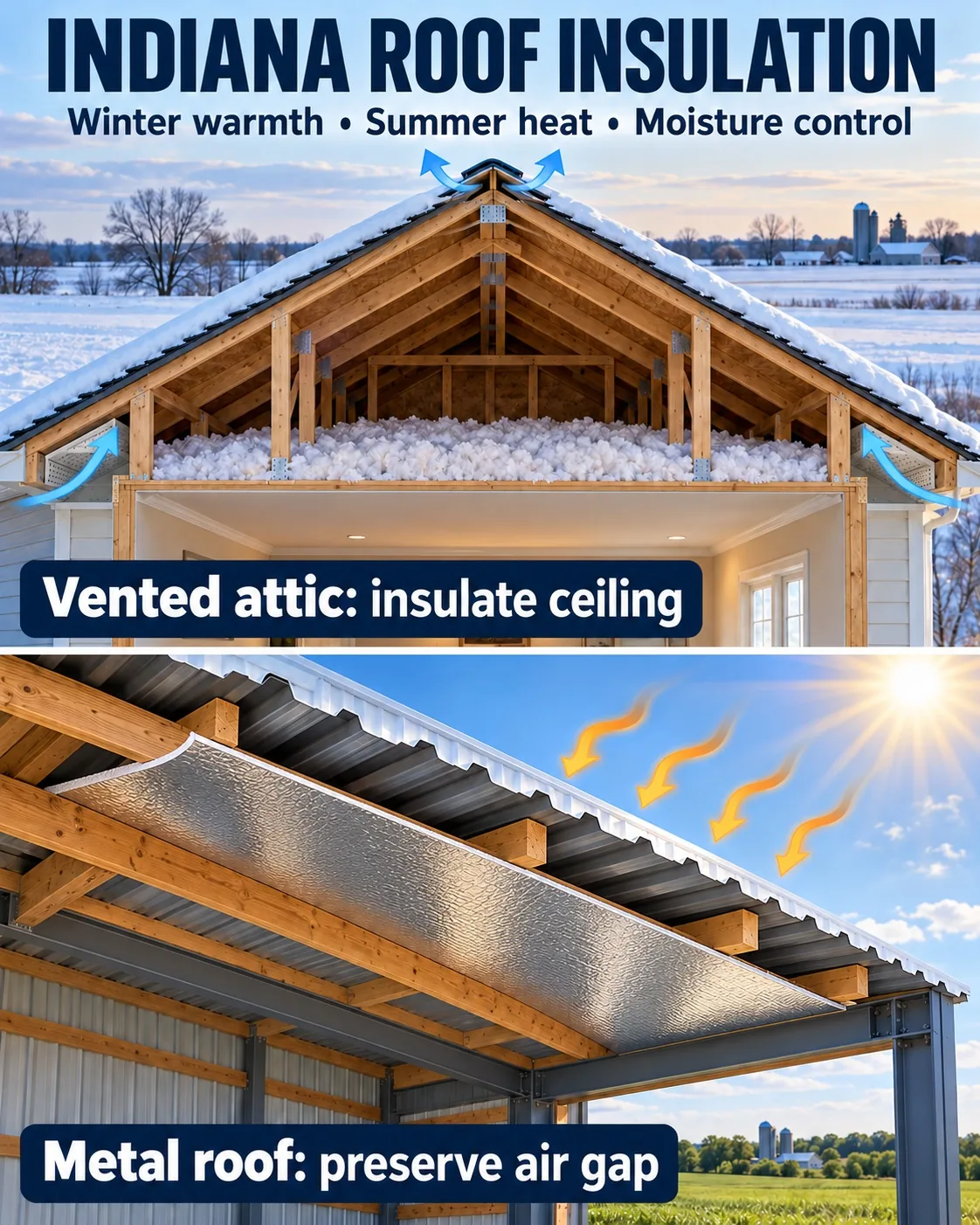 Indiana roof insulation guide: vented attic ceiling insulation and metal roof air gap preservation for winter warmth and summer heat control