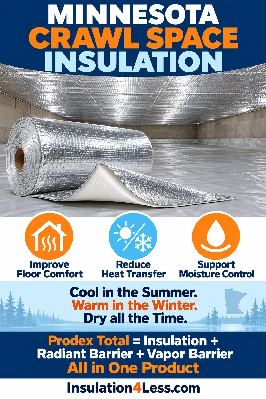 Prodex Total crawl space insulation Minnesota - improves floor comfort, reduces heat transfer, and controls moisture all in one product