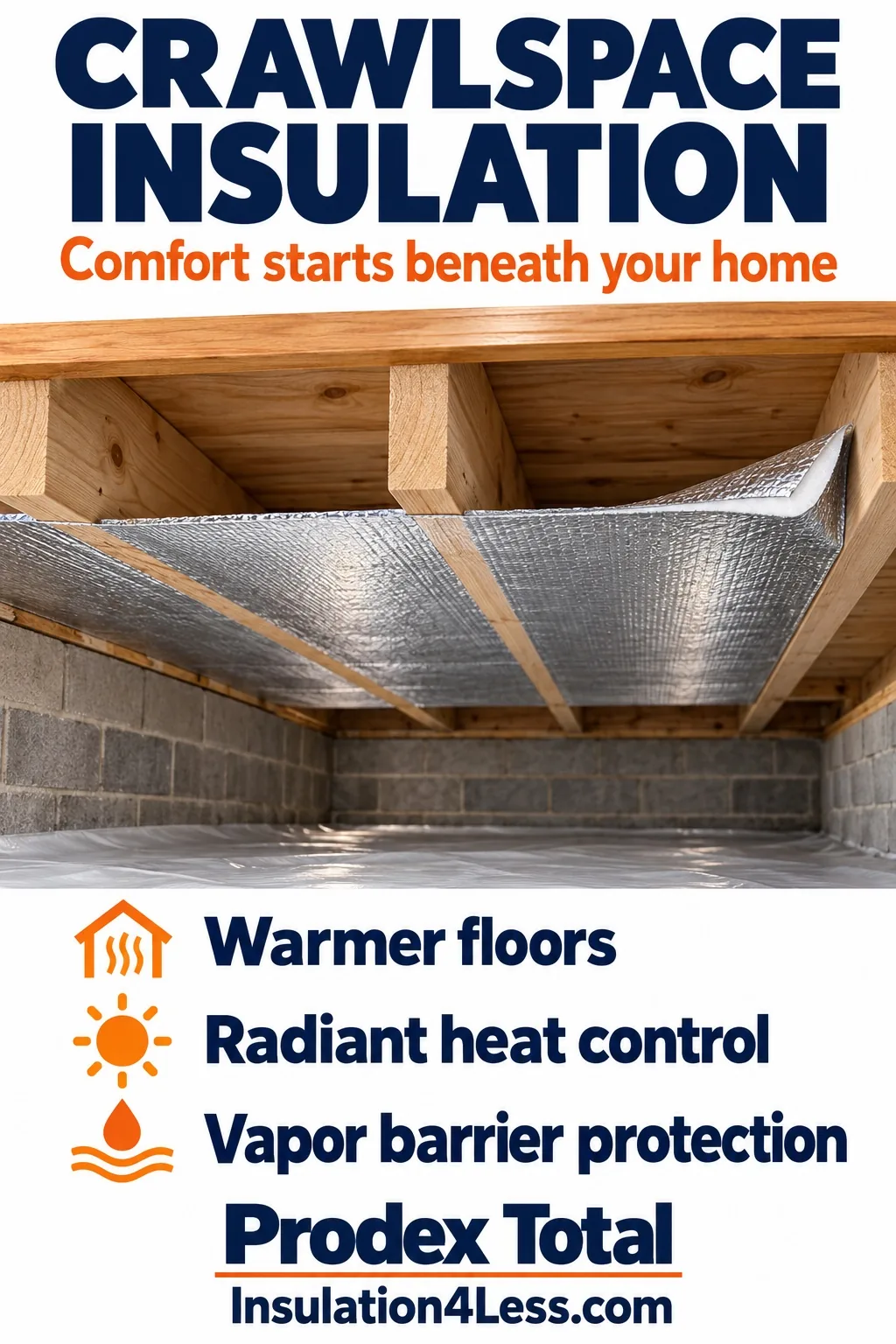 Prodex Total crawlspace insulation providing warmer floors, radiant heat control, and vapor barrier protection beneath a home