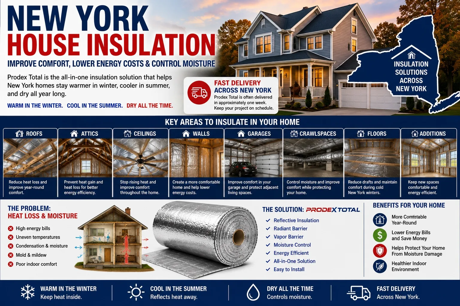 Prodex Total house insulation New York – reduce heat loss, lower energy bills, and control moisture year-round