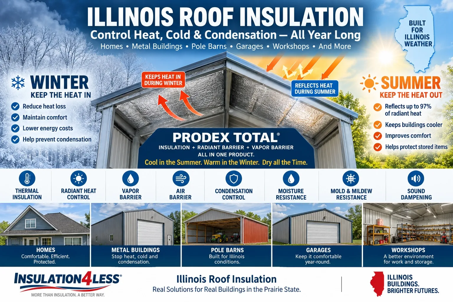 Prodex Total roof insulation for Illinois homes, metal buildings, pole barns and garages — reflects heat in summer, retains heat in winter