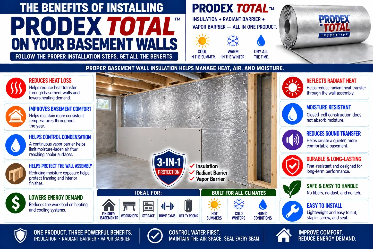 Prodex Total 3-in-1 insulation radiant barrier vapor barrier installed on basement walls reduces heat loss and moisture