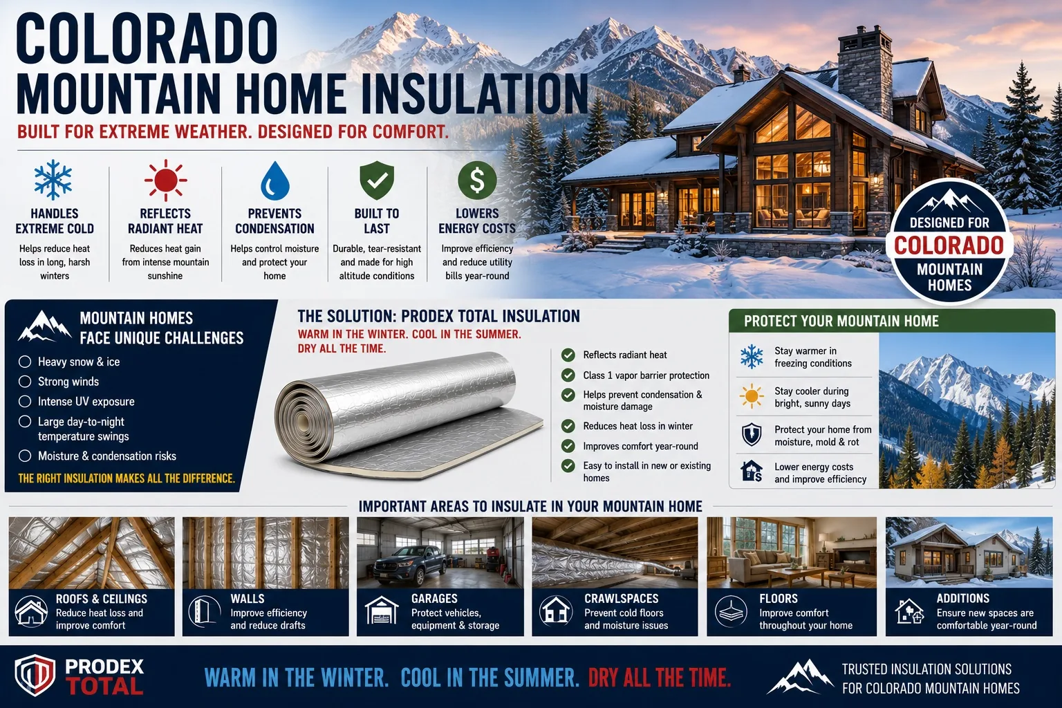 Prodex Total insulation for Colorado mountain homes — handles extreme cold, reflects radiant heat, prevents condensation year-round