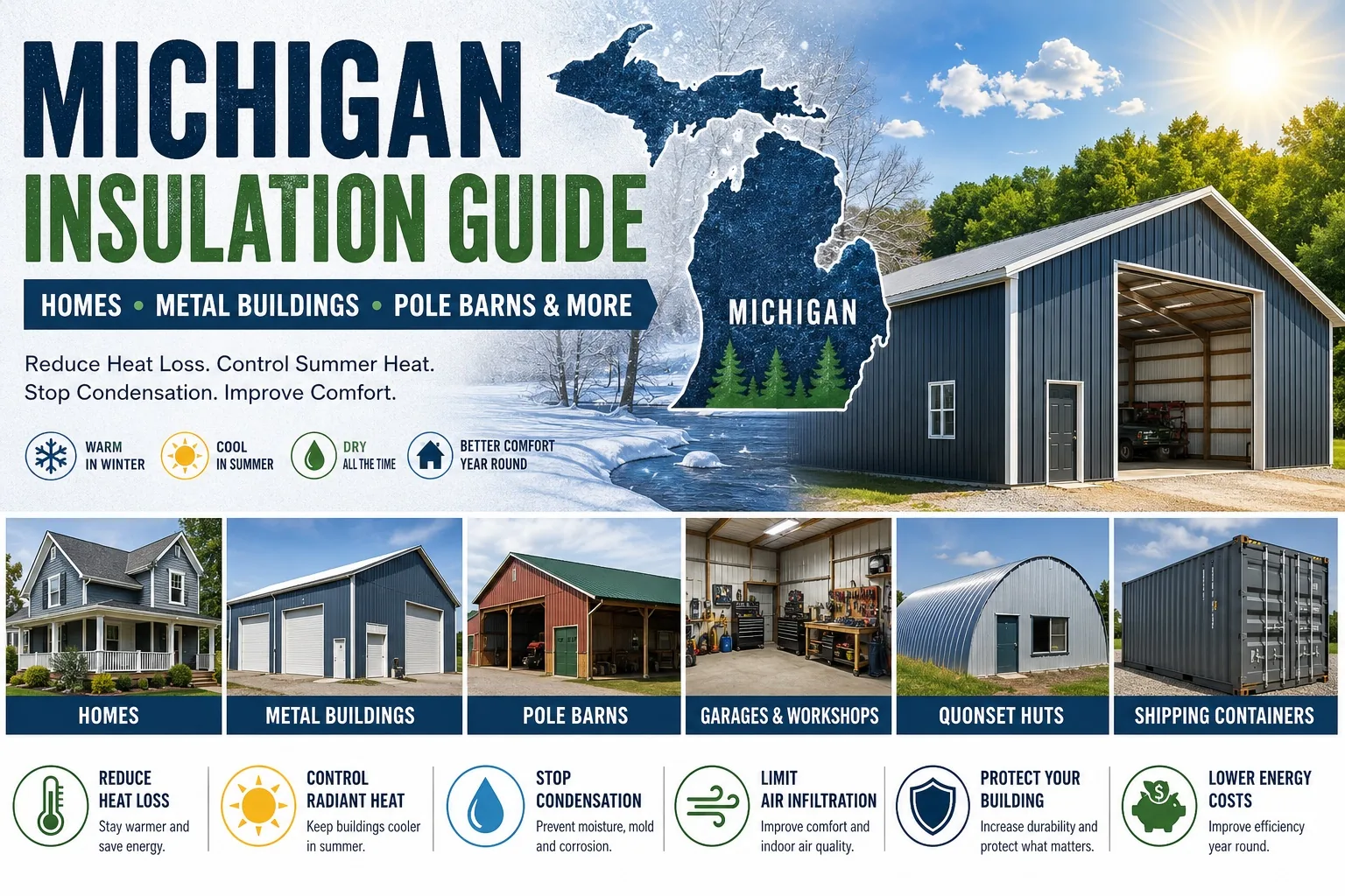 Michigan insulation guide for homes, metal buildings, pole barns, garages, and shipping containers — reduce heat loss and lower energy costs