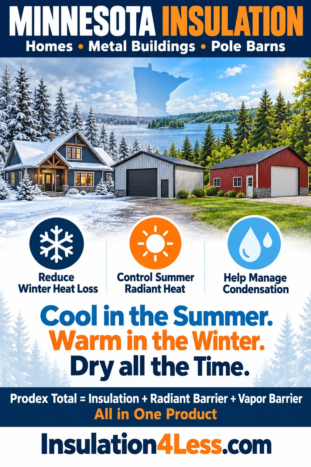 Prodex Total insulation for Minnesota homes, metal buildings, and pole barns — cool in summer, warm in winter, dry all the time.