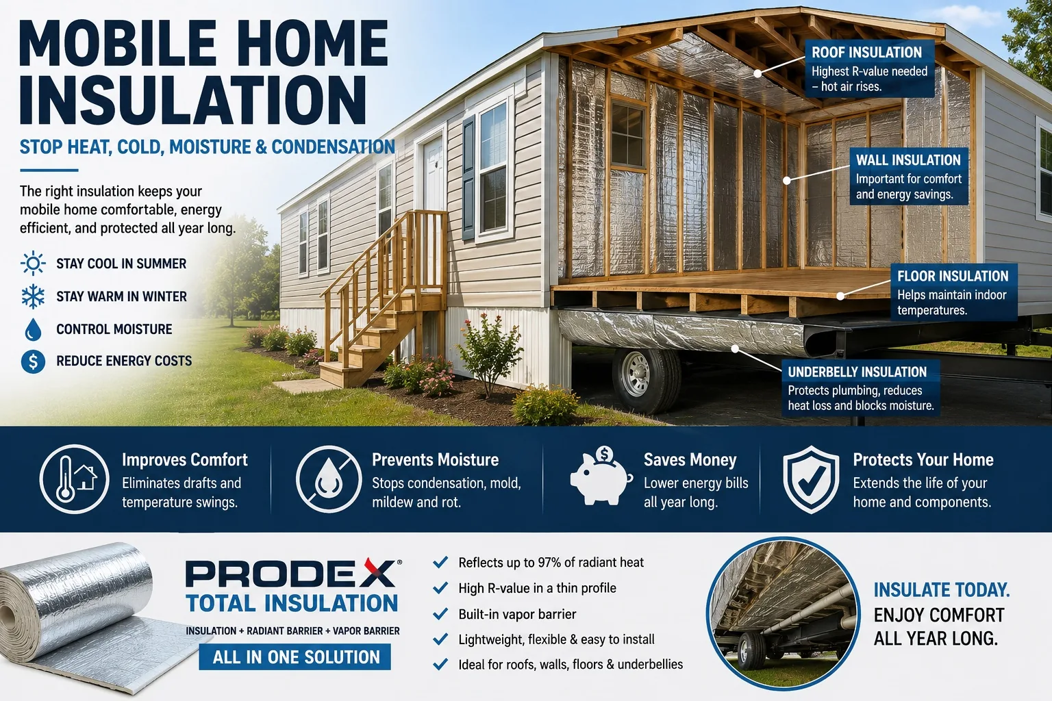Prodex Total insulation for mobile homes – stops heat, cold, moisture and cuts energy bills year-round