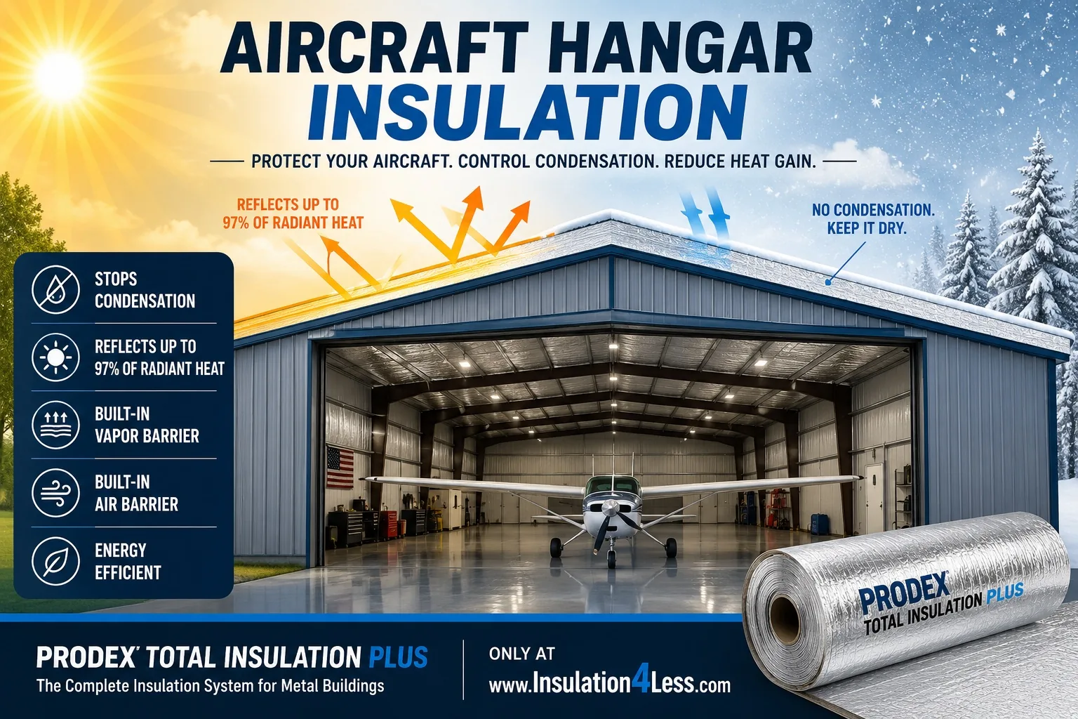 Prodex Total Insulation Plus for aircraft hangars – reflects 97% radiant heat, stops condensation, built-in vapor barrier