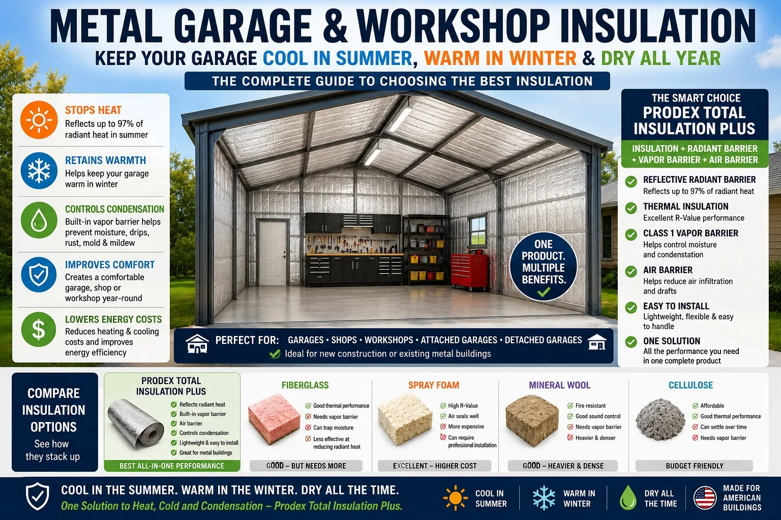 Prodex Total Insulation Plus for metal garage and workshop – reflective radiant barrier, vapor barrier, and air barrier in one product