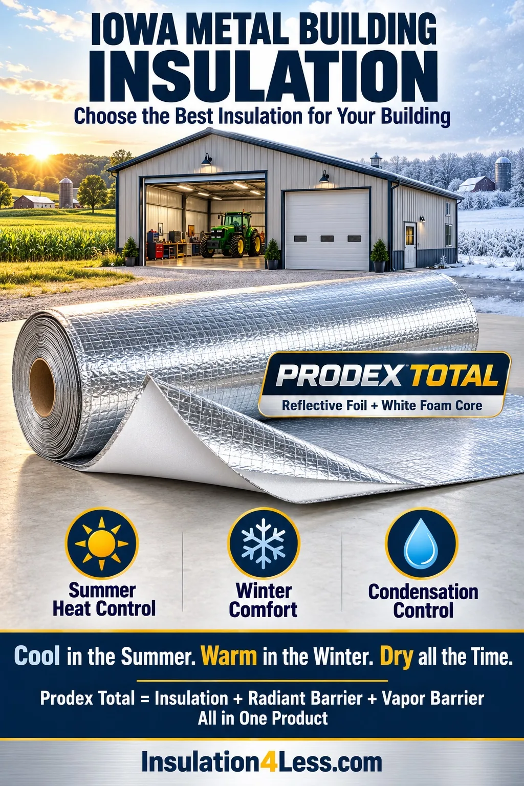 Prodex Total reflective foil insulation for Iowa metal buildings – summer heat control, winter comfort, condensation control