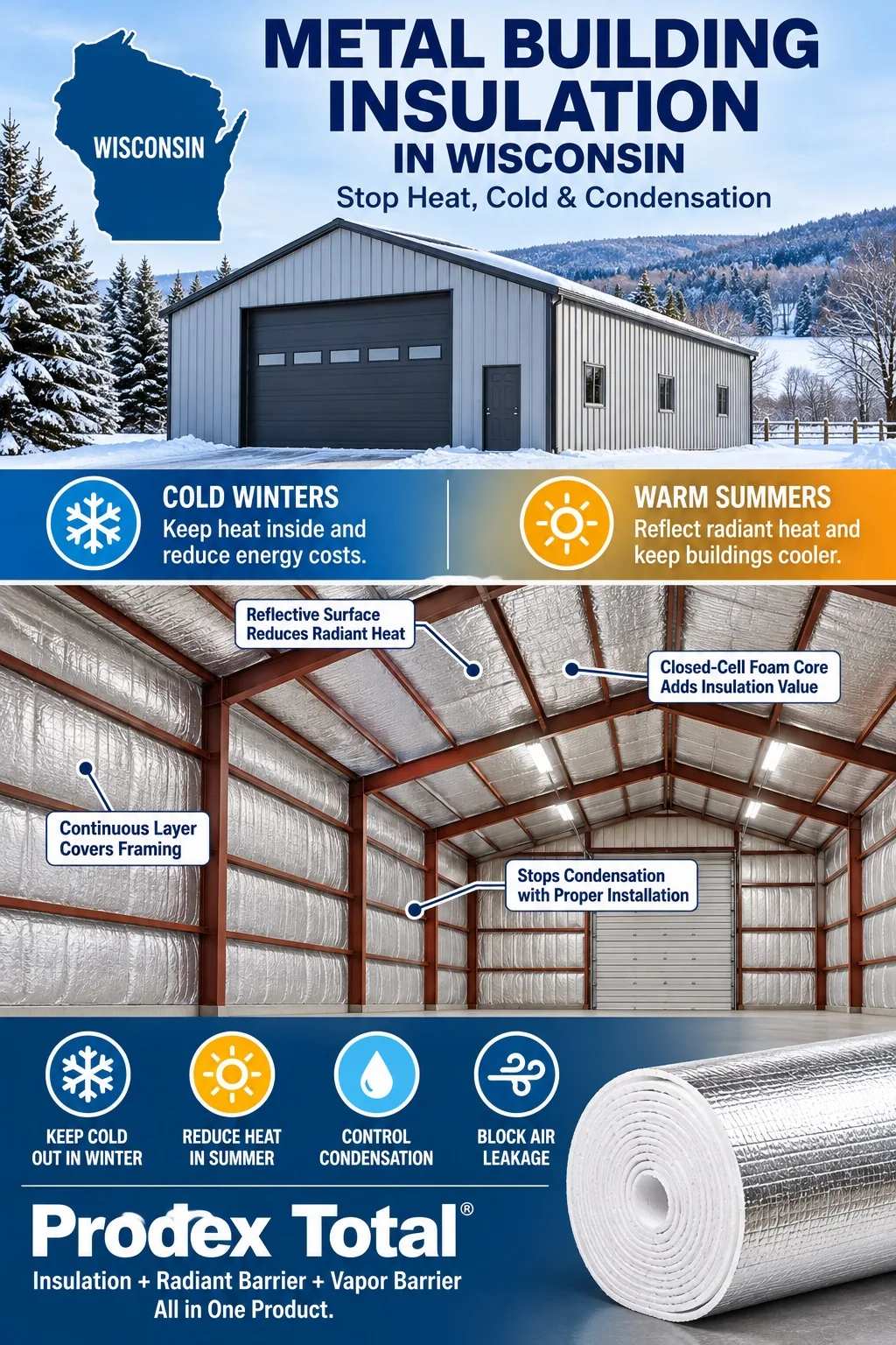 Prodex Total metal building insulation in Wisconsin stops heat, cold, and condensation in pole barns and steel buildings