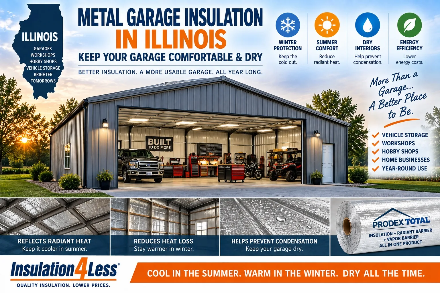 Prodex Total metal garage insulation in Illinois — keeps garages cool in summer, warm in winter, and dry all year long.