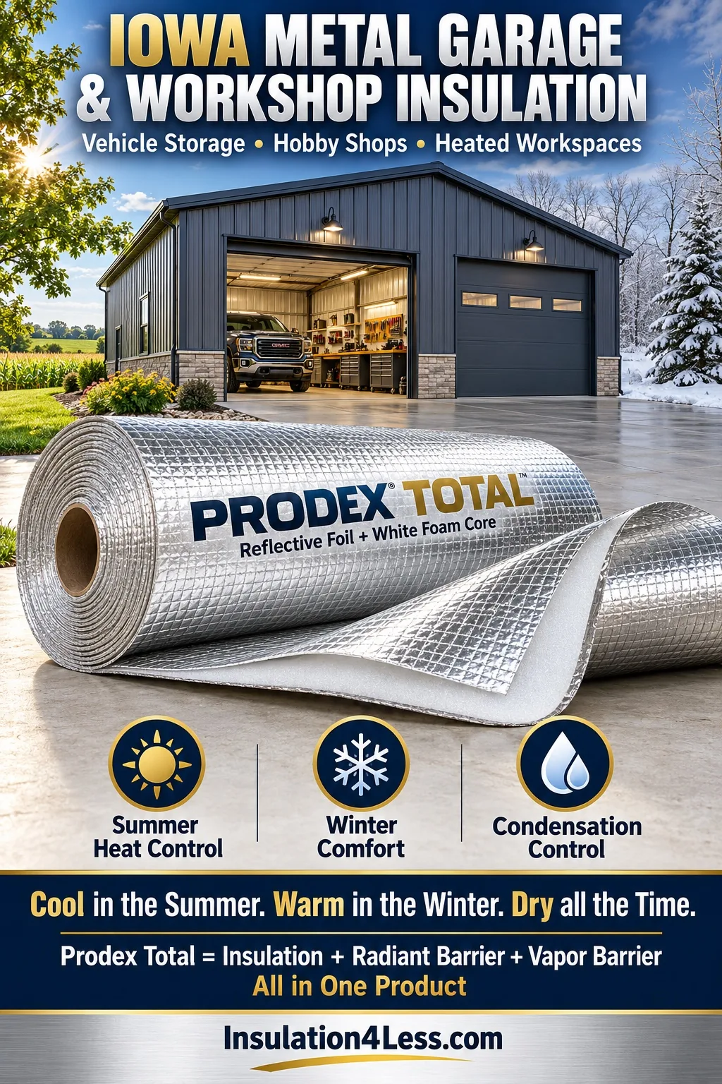 Prodex Total reflective foil insulation for Iowa metal garages and workshops – summer heat control, winter comfort, condensation control