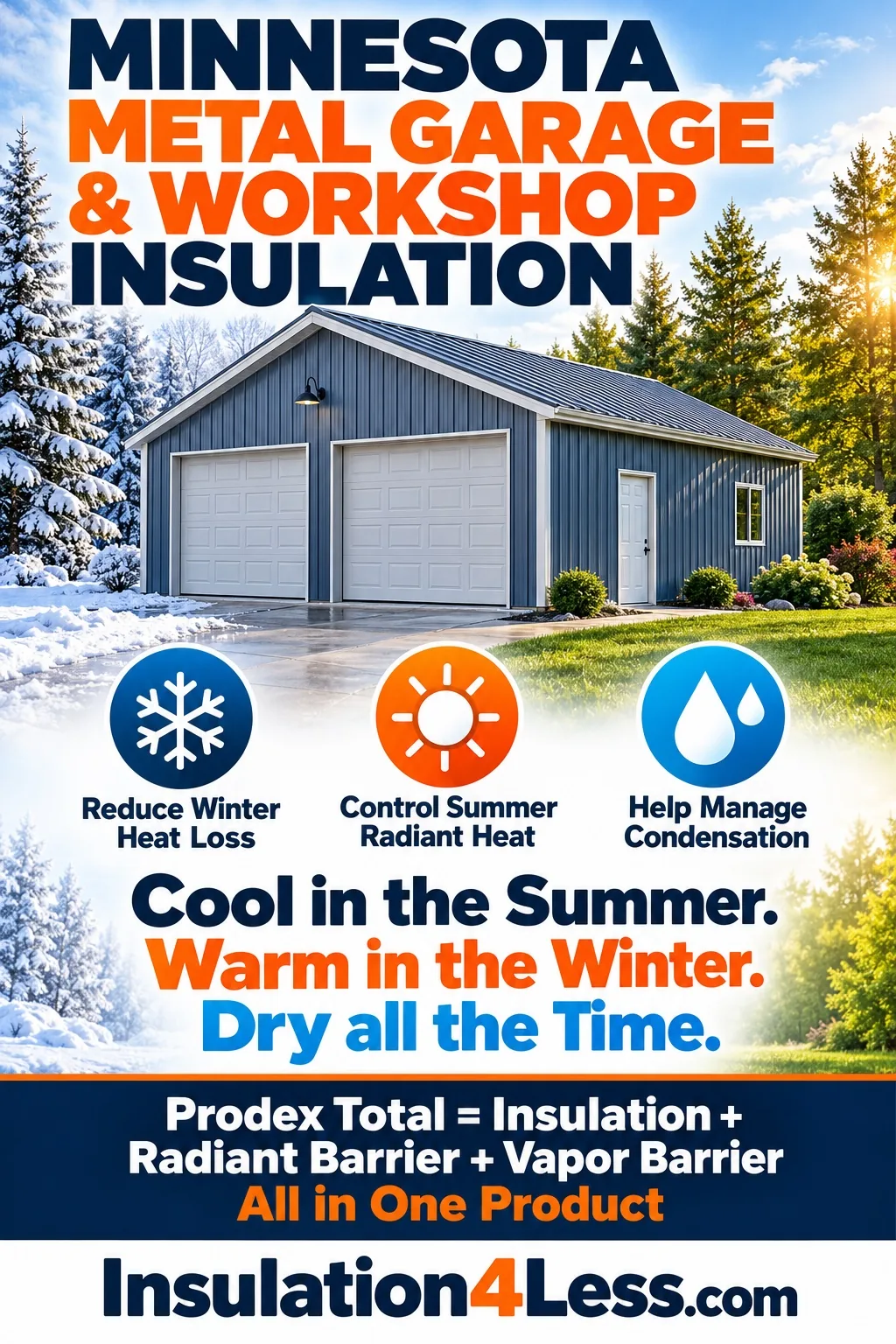 Prodex Total insulation for Minnesota metal garage and workshop - reduces heat loss, controls summer heat, manages condensation
