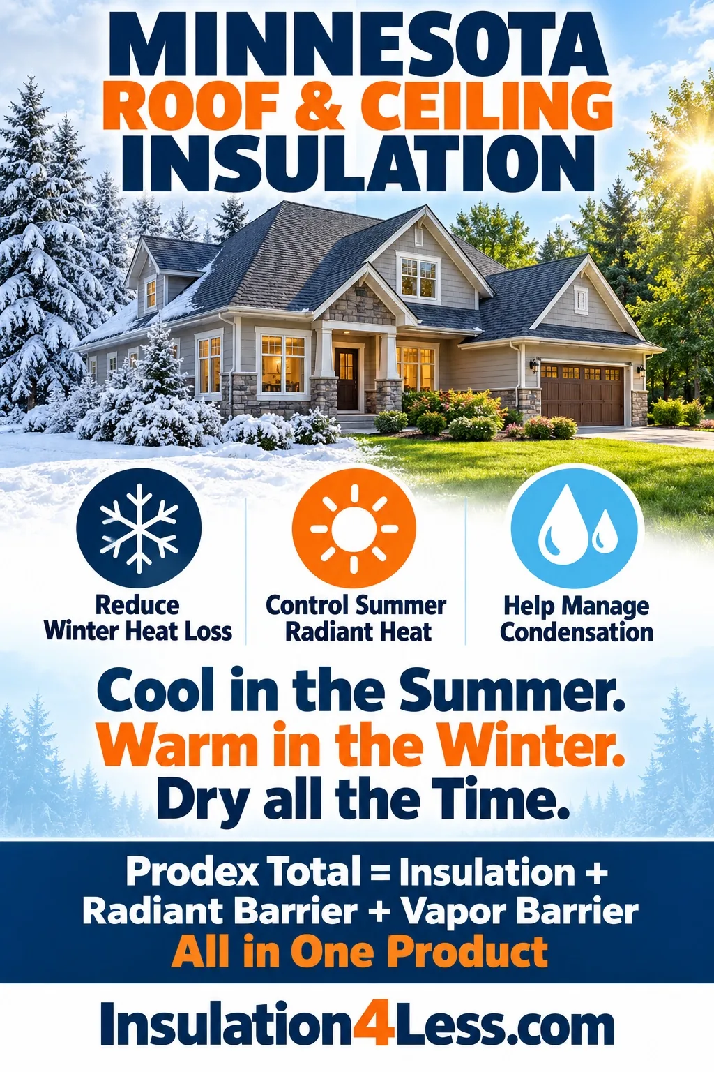 Prodex Total Minnesota roof and ceiling insulation reduces winter heat loss, controls summer radiant heat, and manages condensation