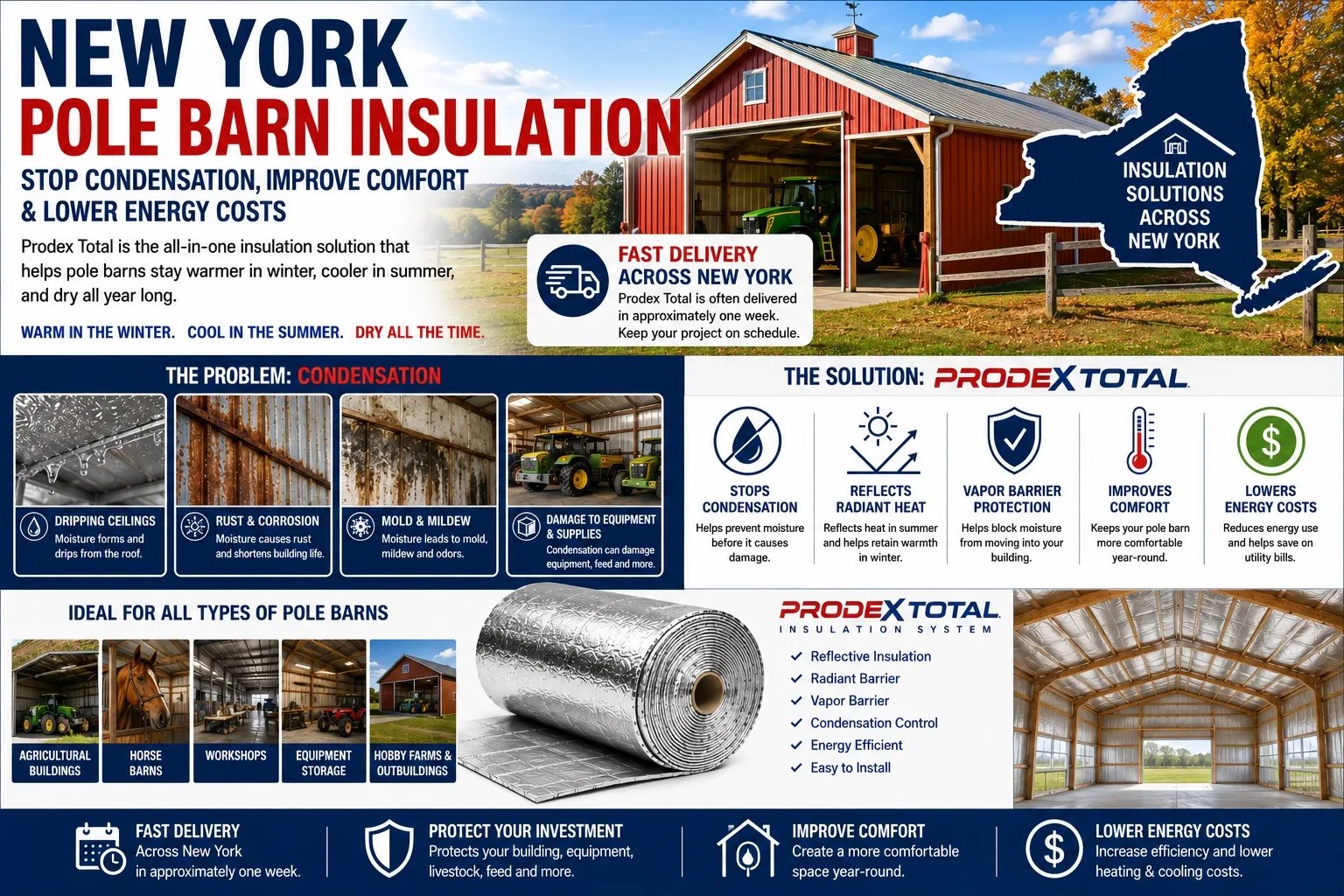 Prodex Total pole barn insulation New York – stops condensation, reflects radiant heat, lowers energy costs