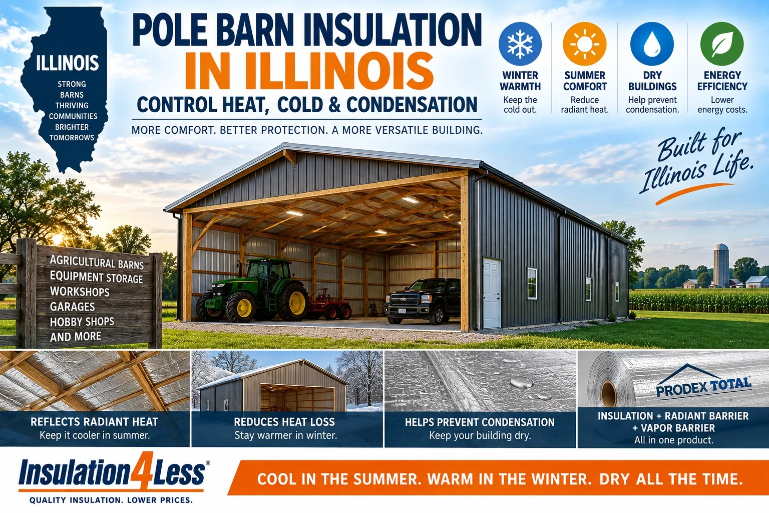 Prodex Total pole barn insulation in Illinois controls heat, cold, and condensation for agricultural barns, garages, and workshops