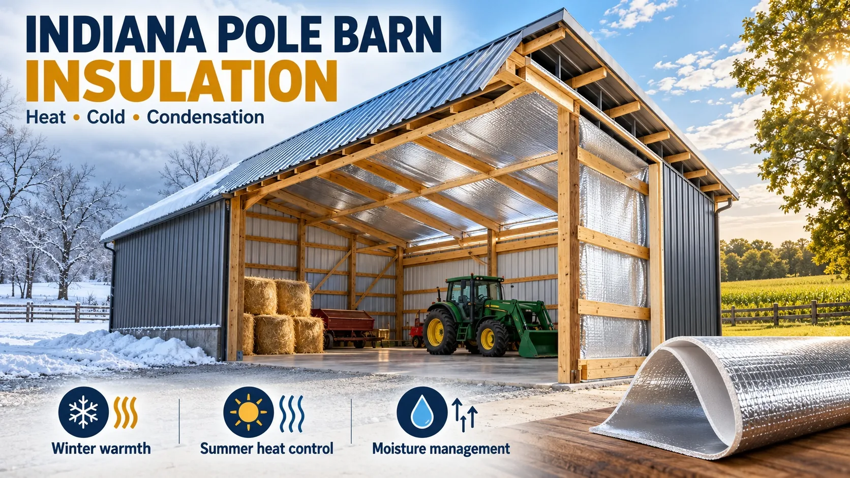 Indiana pole barn insulation with Prodex Total reflective foil for winter warmth, summer heat control, and moisture management