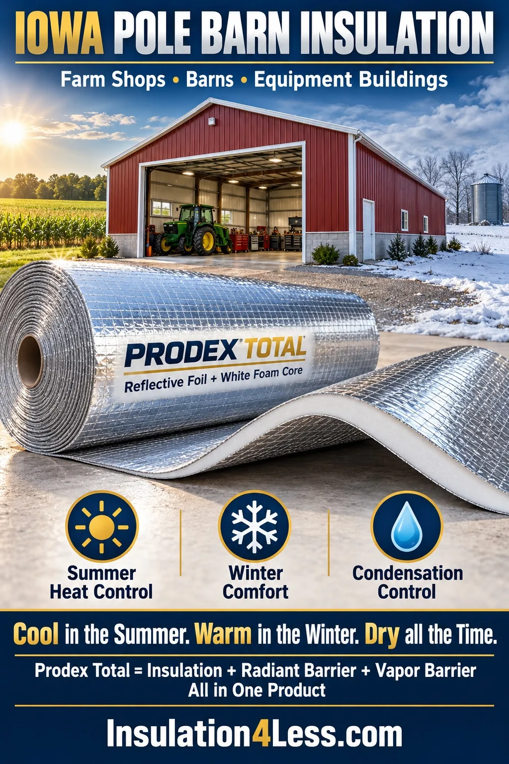 Prodex Total reflective foil insulation for Iowa pole barns, farm shops, and equipment buildings – summer heat control, winter comfort, condensation control