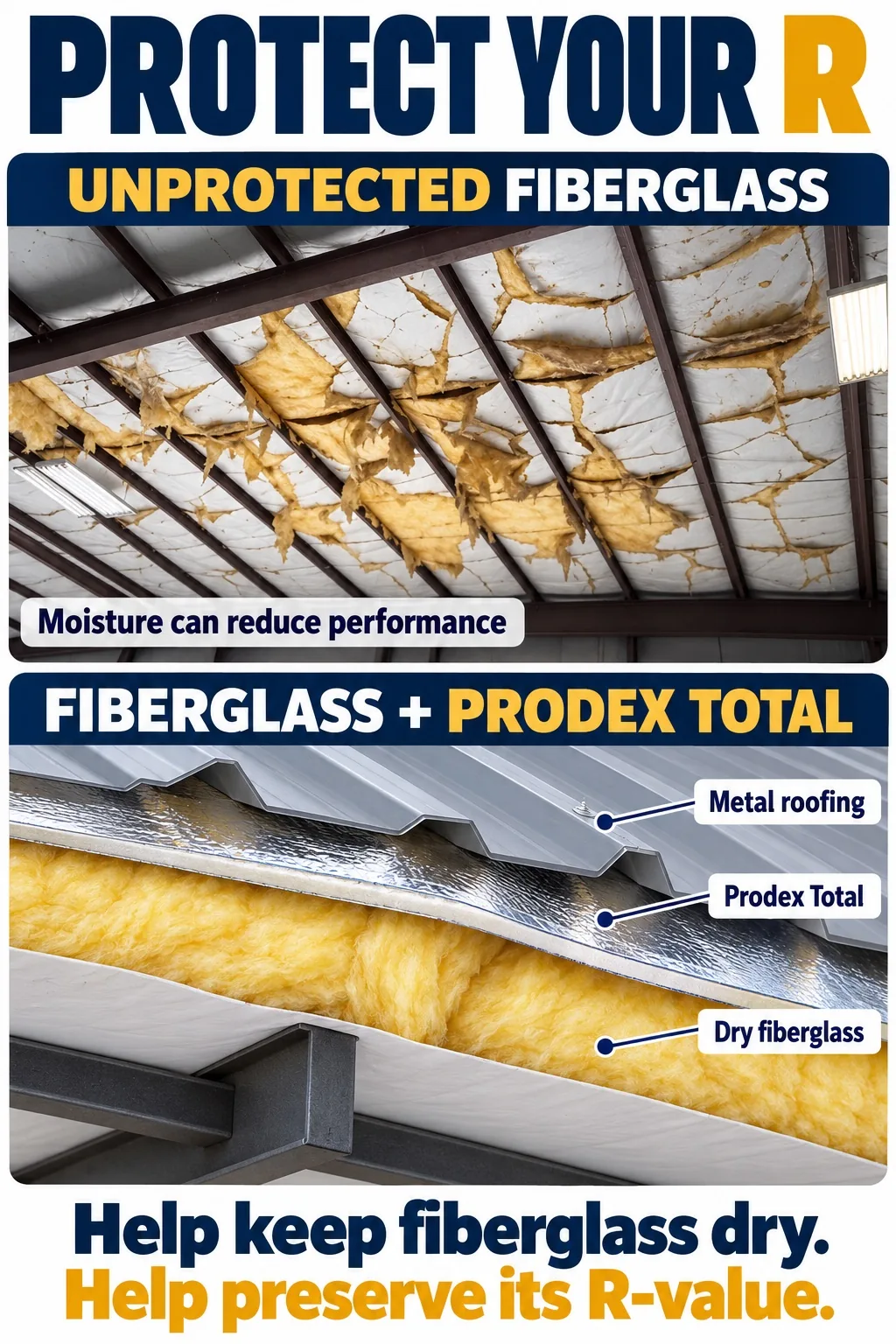 Prodex Total reflective insulation protects fiberglass R-value from moisture damage in metal buildings