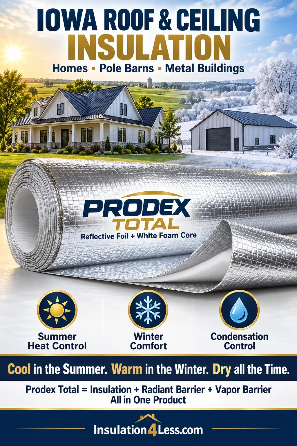Prodex Total reflective foil insulation for Iowa roof and ceiling insulation in homes, pole barns, and metal buildings