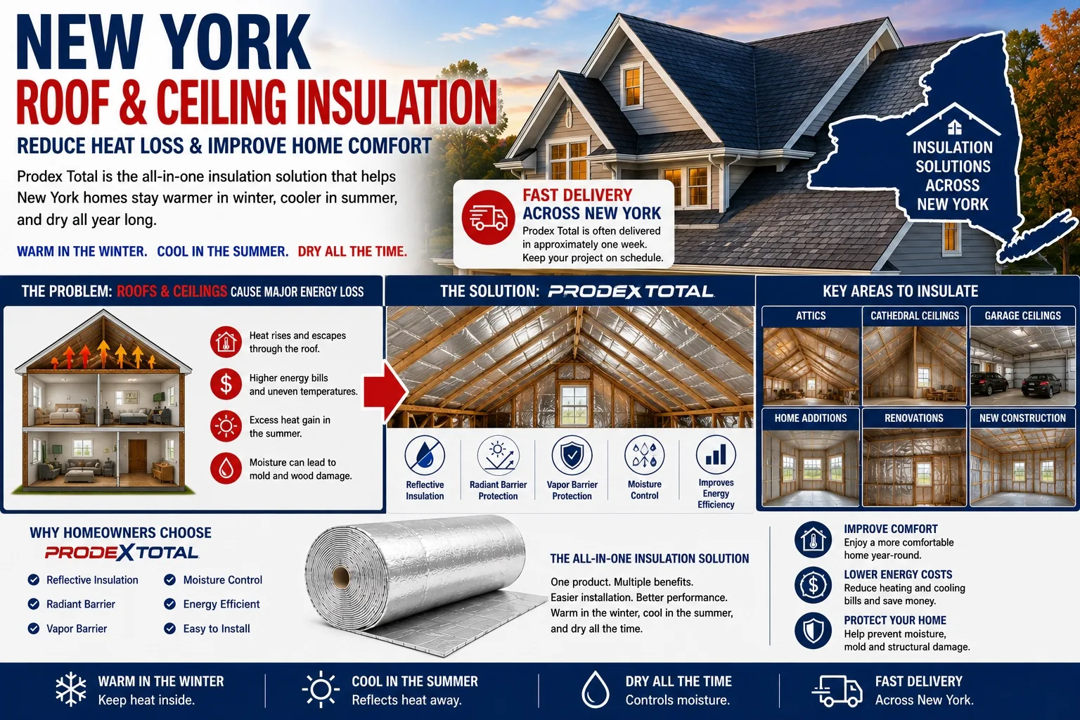 Prodex Total roof and ceiling insulation for New York homes reduces heat loss, controls moisture, and improves energy efficiency year-round.