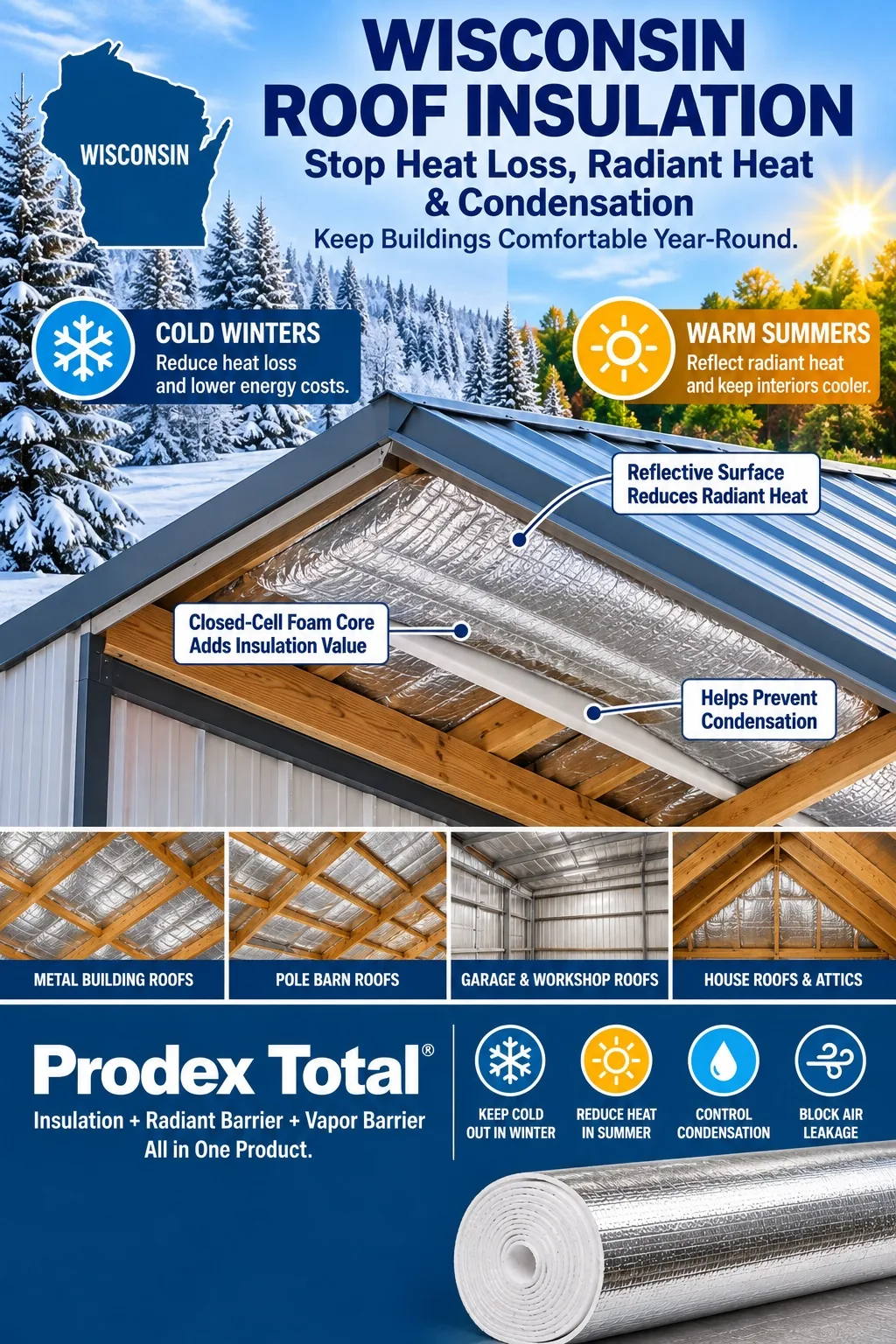 Prodex Total roof insulation for Wisconsin metal buildings, pole barns, and garages — stops heat loss, radiant heat, and condensation year-round.