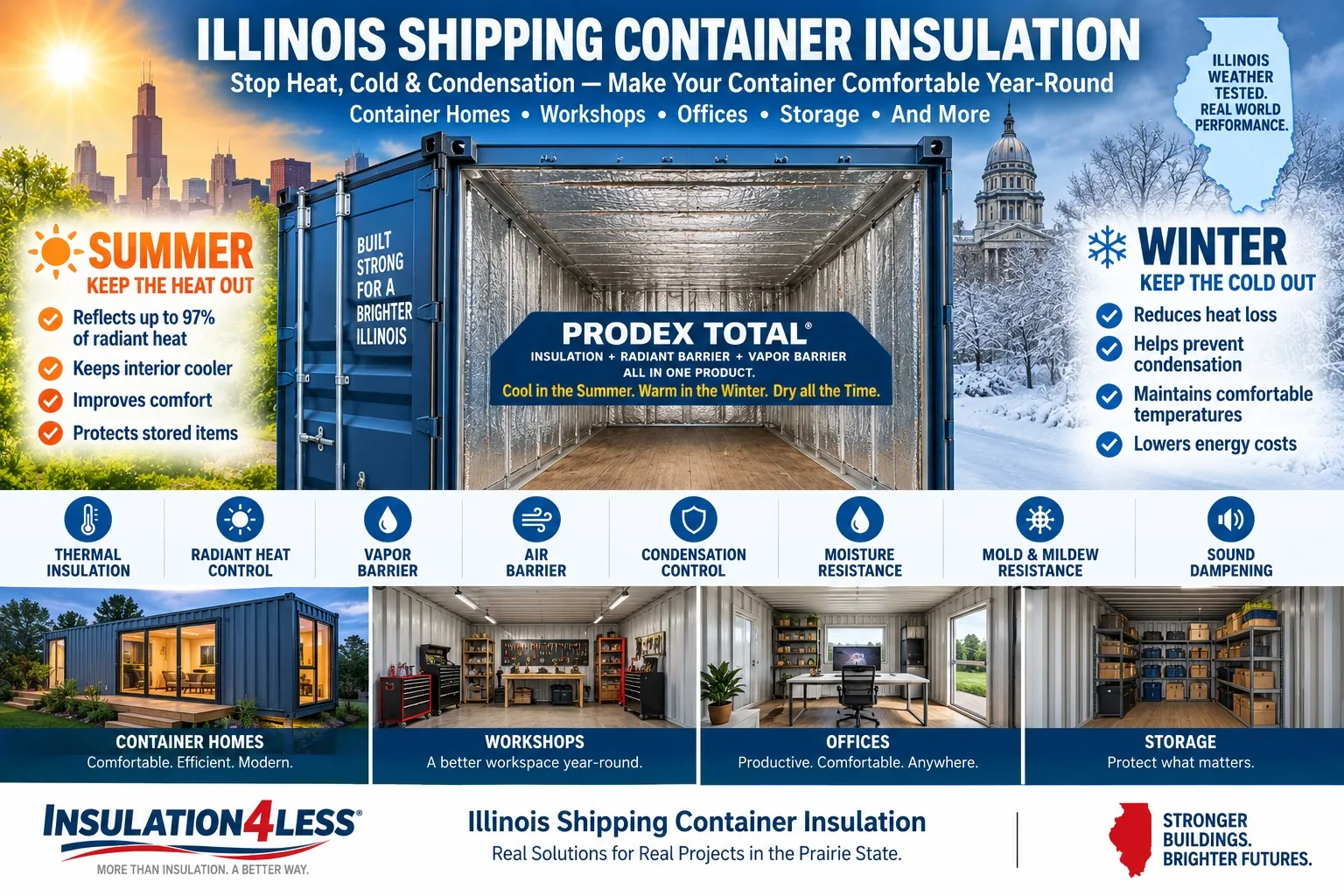 Prodex Total insulation for Illinois shipping containers — keeps heat out in summer, cold out in winter, stops condensation year-round
