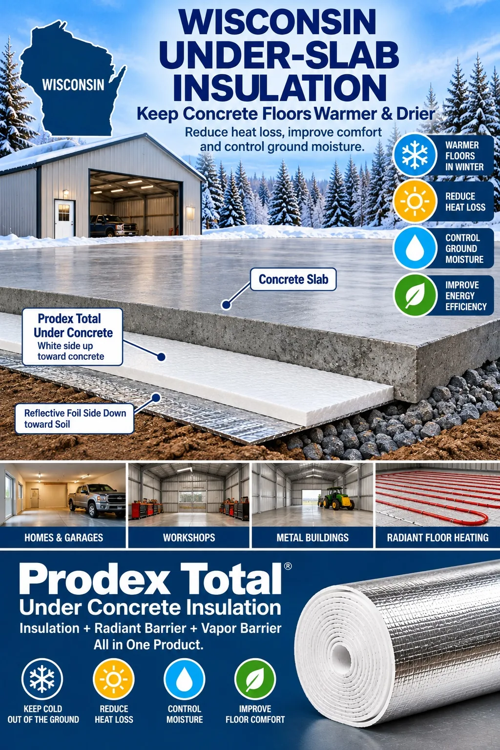 Prodex Total under-slab insulation for Wisconsin concrete floors in garages, workshops, and metal buildings