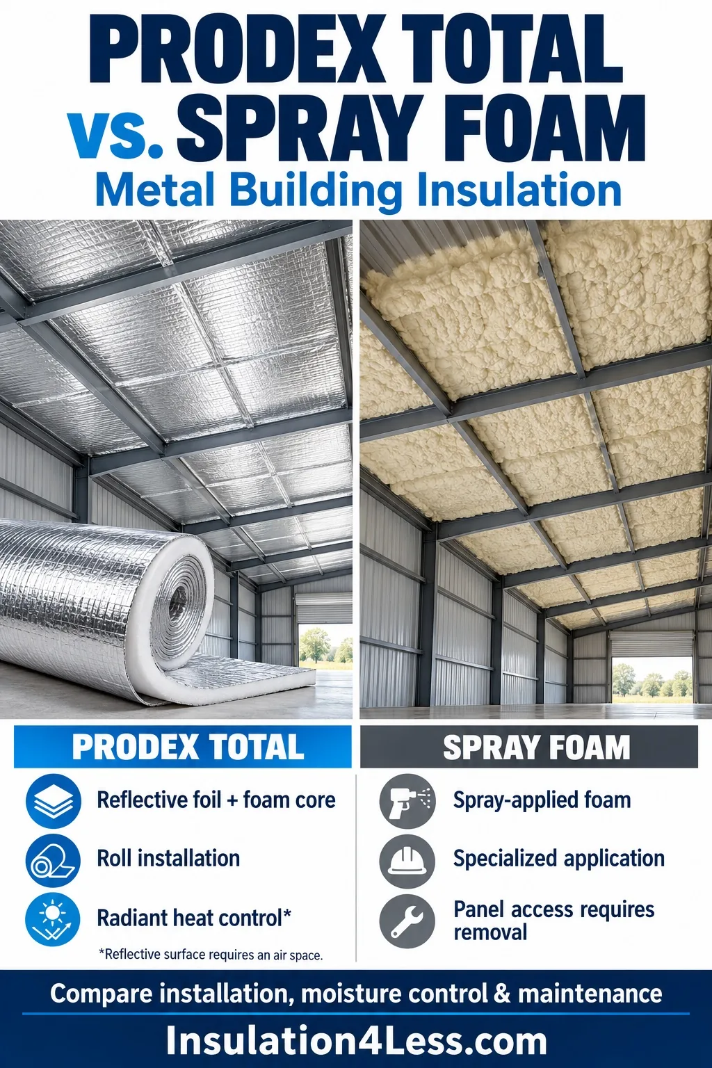 Prodex Total vs spray foam insulation comparison for metal buildings – reflective foil roll vs spray-applied foam ceiling