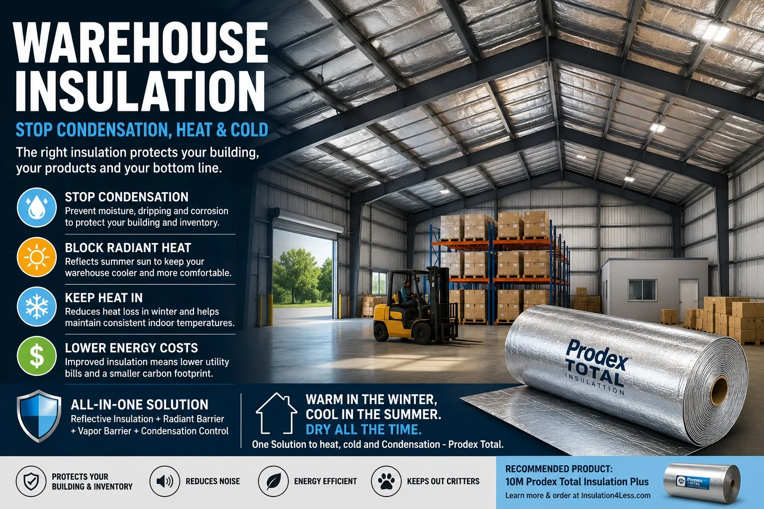 Prodex Total insulation for warehouses stops condensation, blocks radiant heat, and lowers energy costs year-round
