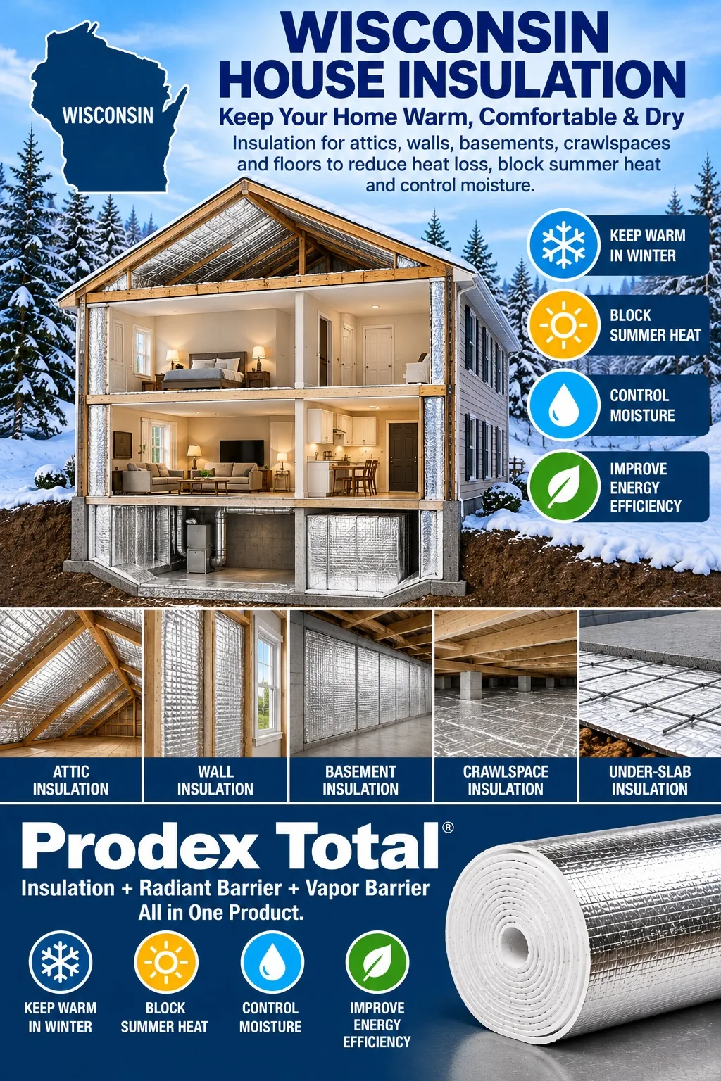 Prodex Total insulation for Wisconsin homes — attic, wall, basement, crawlspace and under-slab insulation to keep warm and save energy