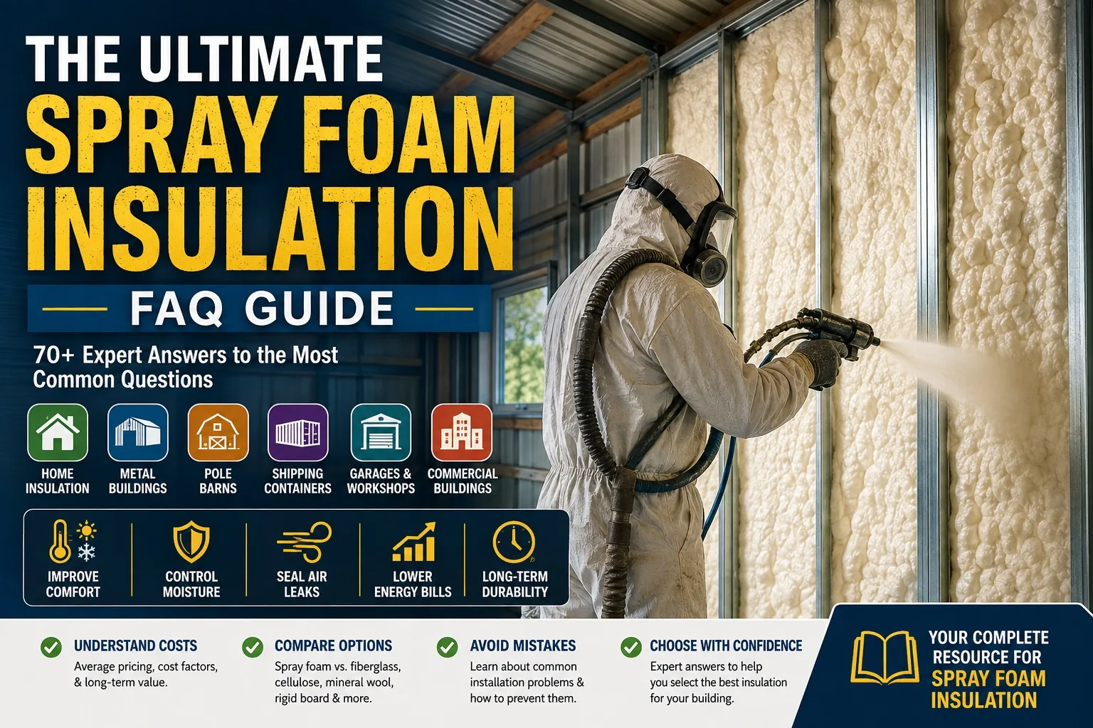 Spray foam insulation FAQ guide covering metal buildings, pole barns, homes, garages, and commercial buildings with 70+ expert answers
